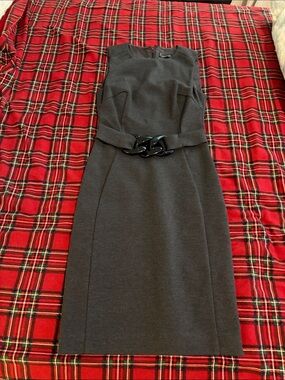 Versace Charcoal Gray Sleeveless Sheath Dress with Glossy Black Chain Belt